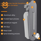 Diagram of a gray aluminum alloy digital device with labeled features including frosted layer, cylindrical magnet, 3M glue, metal shaft, and spiral drawing process