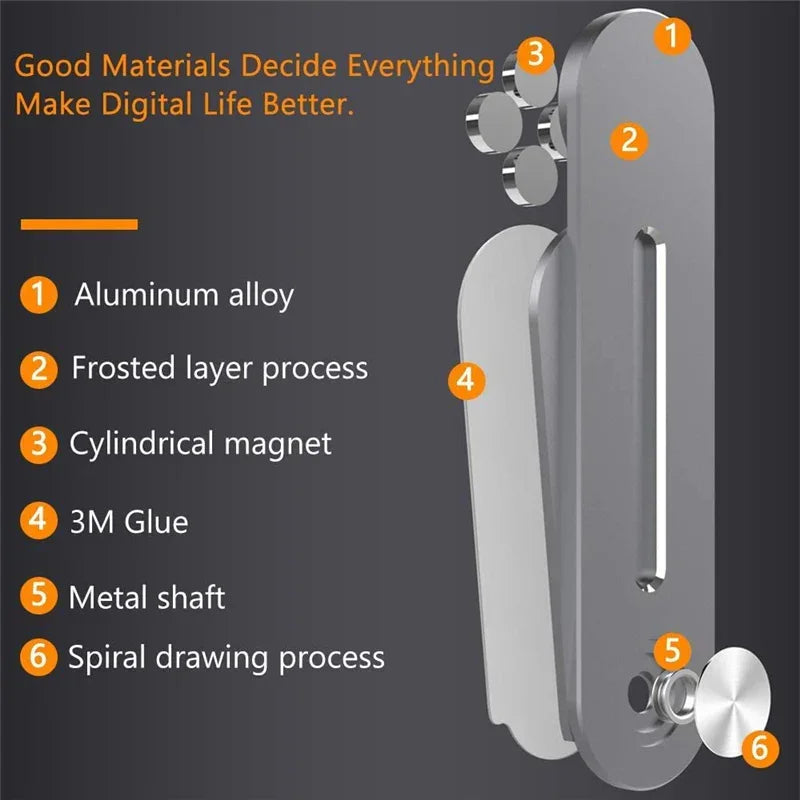 Diagram of a gray aluminum alloy digital device with labeled features including frosted layer, cylindrical magnet, 3M glue, metal shaft, and spiral drawing process