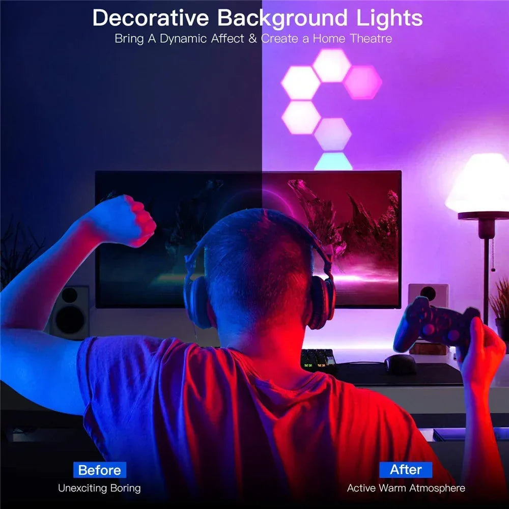 Gamer with headphones and controller playing video games featuring decorative hexagon background lights creating dynamic home theater atmosphere
