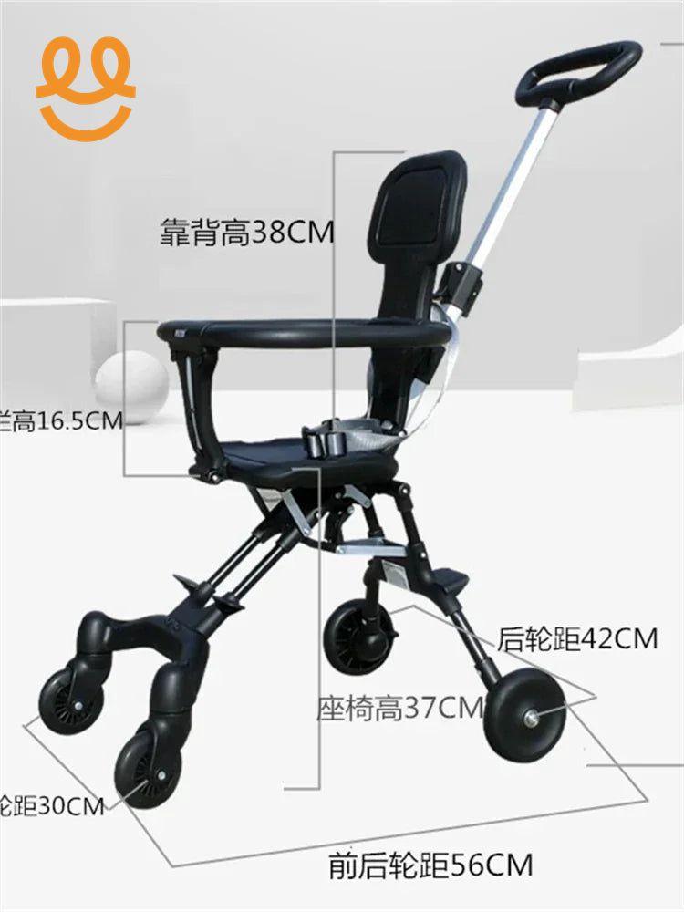 Black foldable stroller with handlebar and adjustable measurements for child comfort and mobility