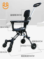 Black foldable stroller with handlebar and adjustable measurements for child comfort and mobility