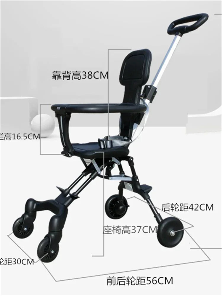 Black foldable stroller with handlebar and adjustable measurements for child comfort and mobility