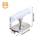 stainless steel handheld cutter with white handle and size dimensions on white background