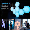 Modular hexagonal LED light panels glowing blue and pink in living room, bedroom, and game room settings