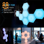 Modular hexagonal LED light panels glowing blue and pink in living room, bedroom, and game room settings