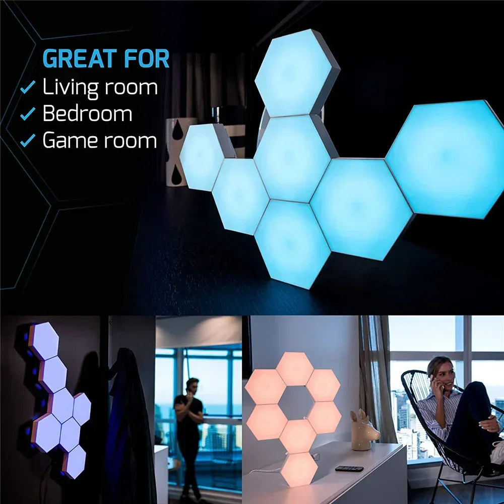 Modular hexagonal LED light panels glowing blue and pink in living room, bedroom, and game room settings