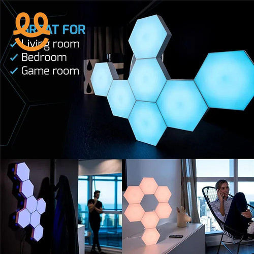Modular hexagonal LED light panels glowing blue and pink in living room, bedroom, and game room settings