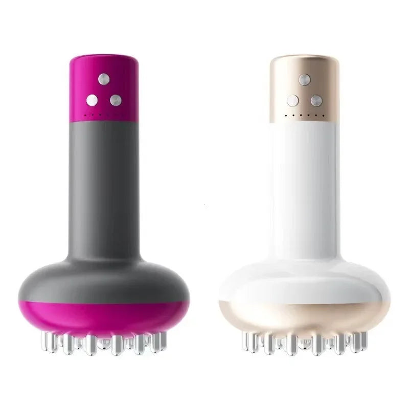Two handheld scalp massagers with rotating silicone bristles, one pink-gray and one beige-white