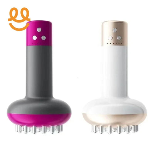 Two handheld scalp massagers with rotating silicone bristles, one pink-gray and one beige-white