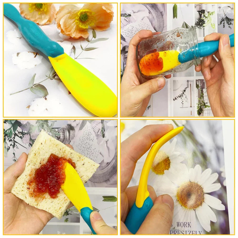 Flexible yellow and blue silicone spatula used for spreading jam and scraping jars in a kitchen setting