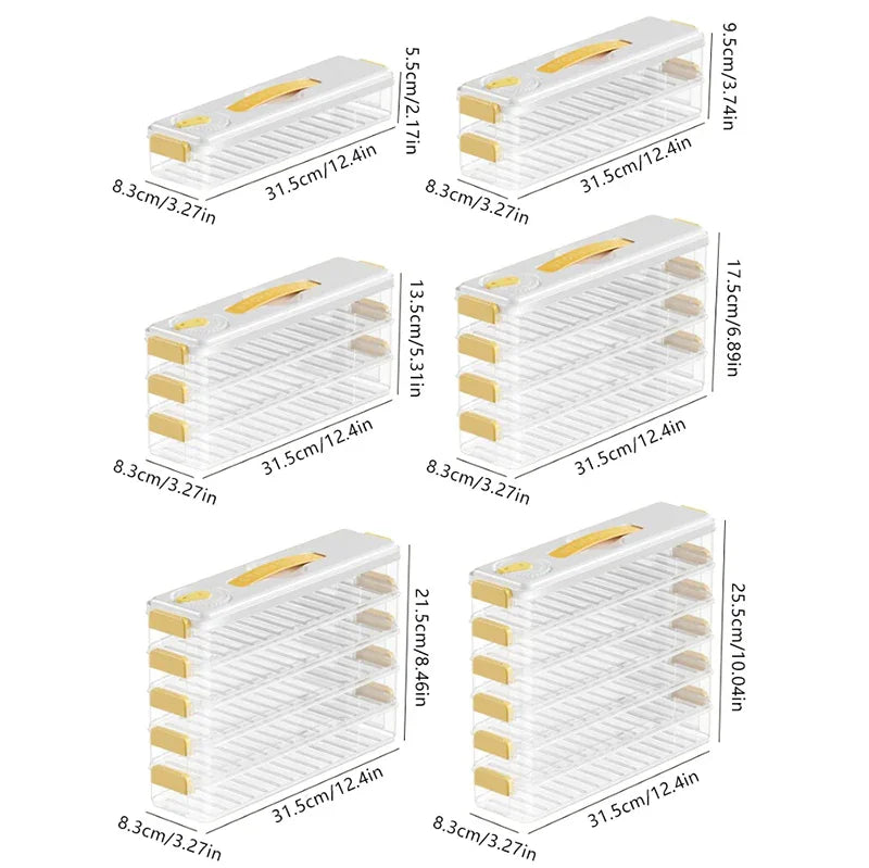 Stackable transparent plastic storage boxes with yellow handles, varying heights and dimensions labeled